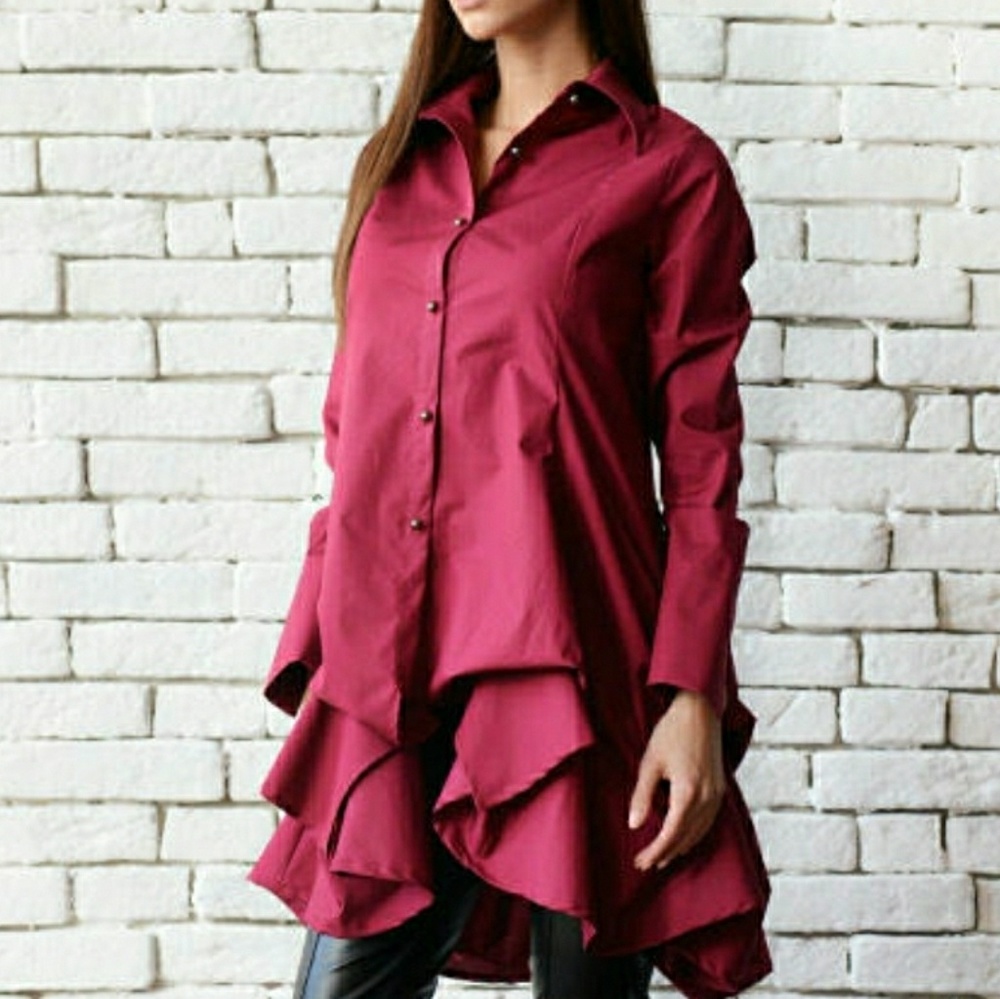 Wine Asymmetric Shirt/Elegant Long Tunic